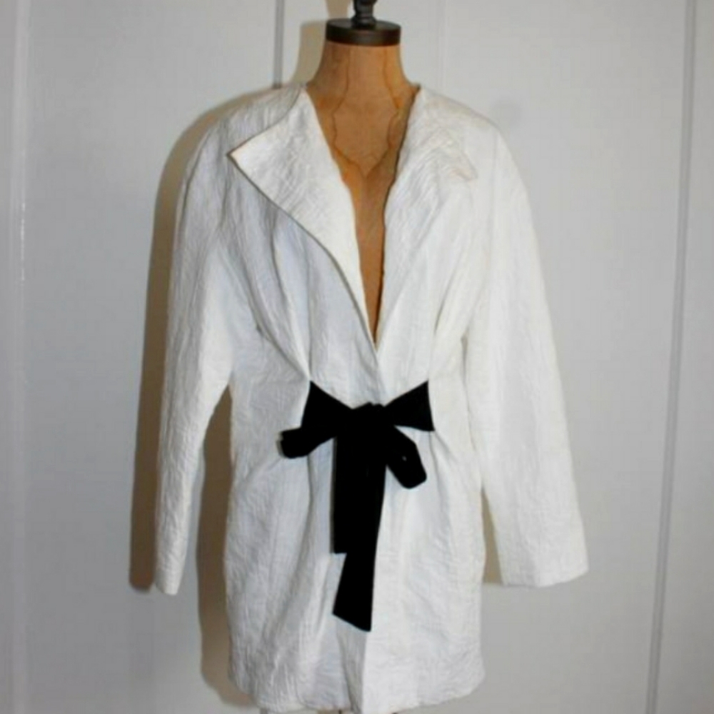 Zara Off White Jacquard Textured Blazer Size S Tie Waist Open Front
